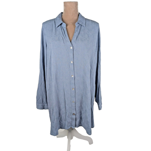 Susan Graver Pure Floral Embroidrered 1X Blue Blouse Roll Tab Sleeve Coastal - Picture 1 of 8